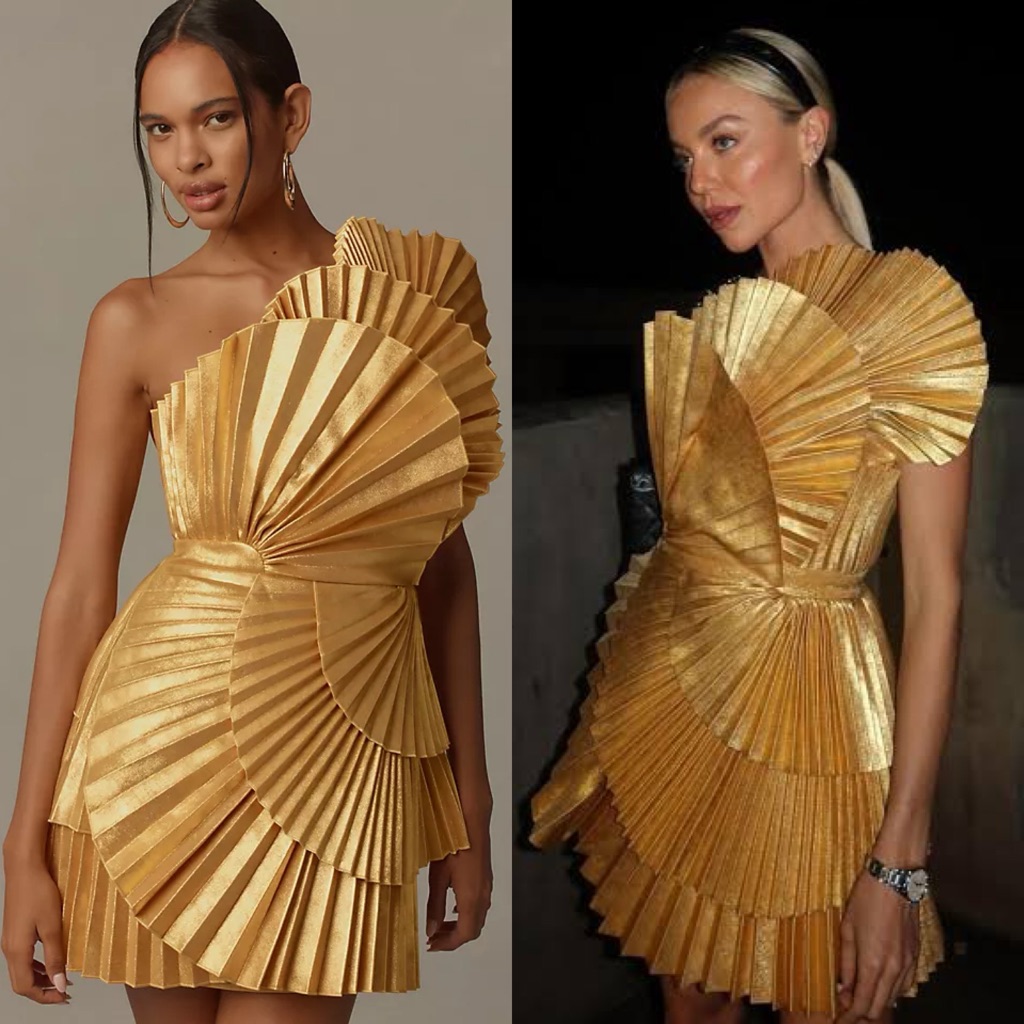 New Nwt Acler Abbotsford Pleated Fan Mini Dress In Honey Gold Metallic